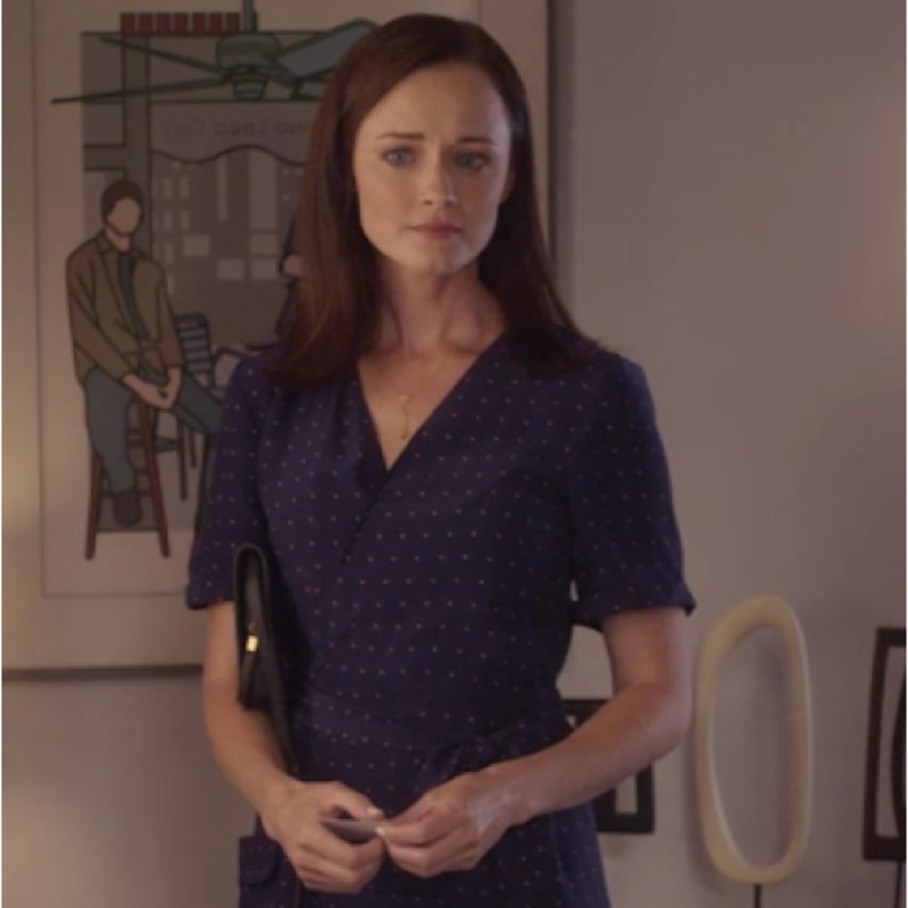 ASO Rory Gilmore Gilmore Girls Blue Polka Dot Silk Short Sleeve Tie Wrap Dress